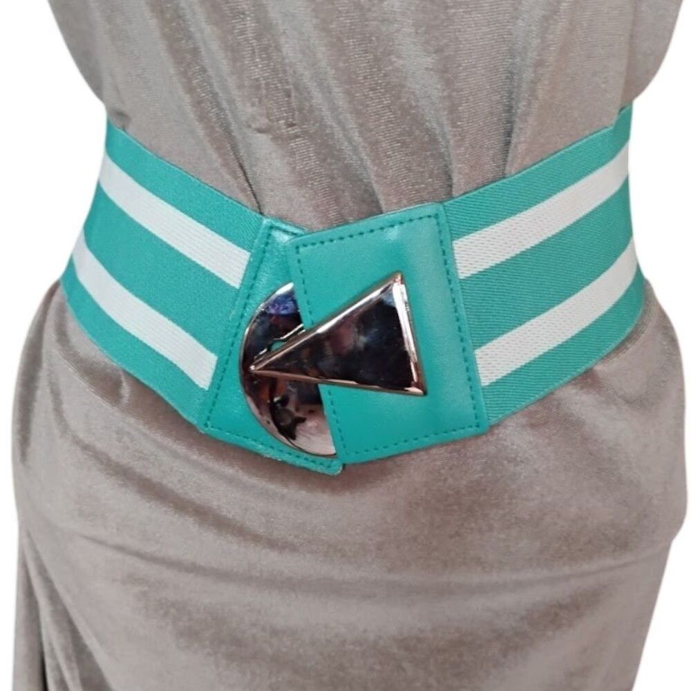 VTG 80s Teal White Striped Cinch Elastic Belt Size M/L Stretch Geometric Retro